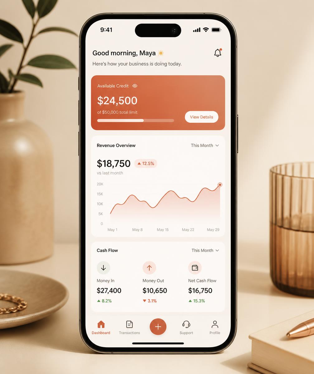 Made app dashboard showing available credit and business financial insights